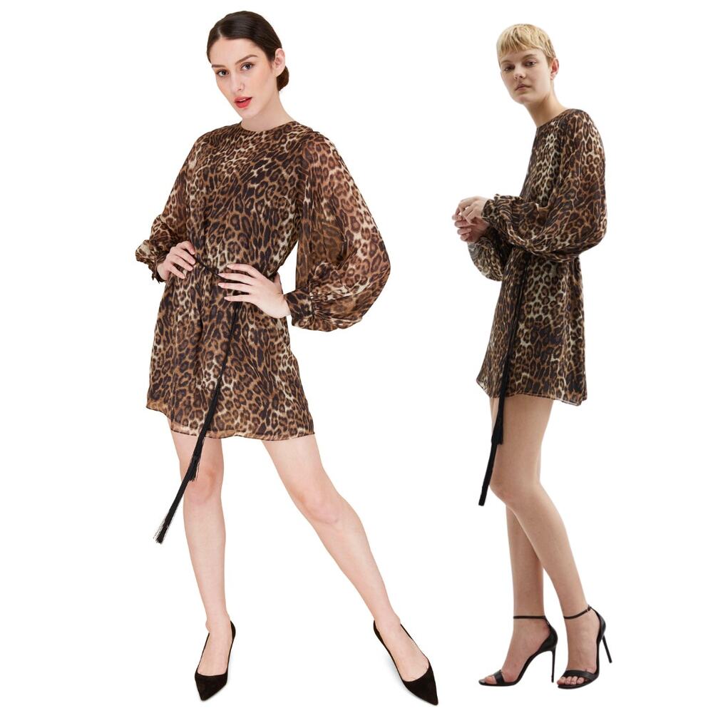 NEW Nili Lotan Rebeca Dress Brown Leopard Animal Print Silk $895 Sz 4 Chiffon